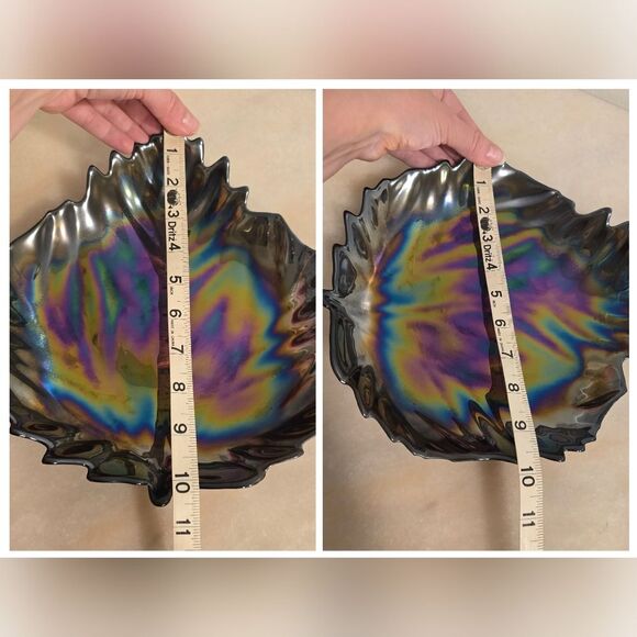 Yalos Casa Murano Glass Black Iridescent Large Leaf Dish Bowl Italy Vintage - Picture 2 of 8